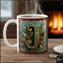 Elegant Gold Holly Christmas Initial Letter J Koffiemok