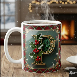 Elegant Gold Holly Christmas Initial Letter P Koffiemok