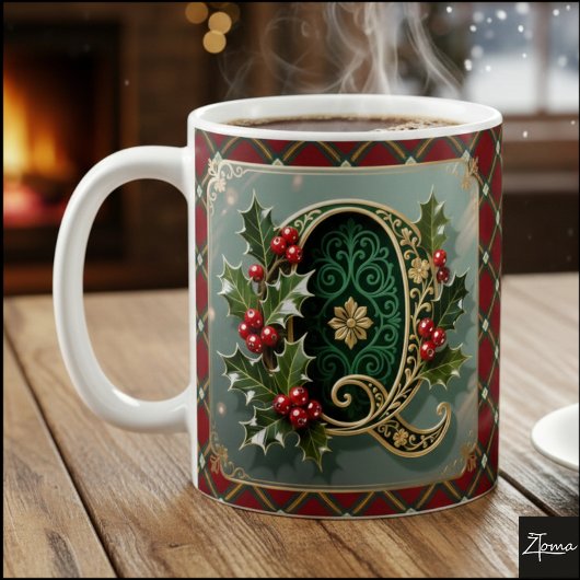 Elegant Gold Holly Christmas Initial Letter Q Koffiemok