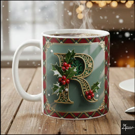 Elegant Gold Holly Christmas Initial Letter R Koffiemok