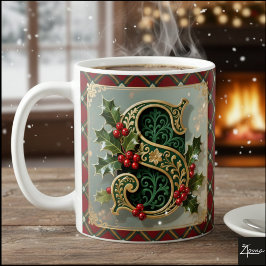 Elegant Gold Holly Christmas Initial Letter S Koffiemok