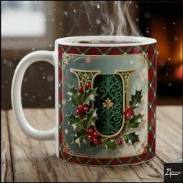 Elegant Gold Holly Christmas Initial Letter U Koffiemok