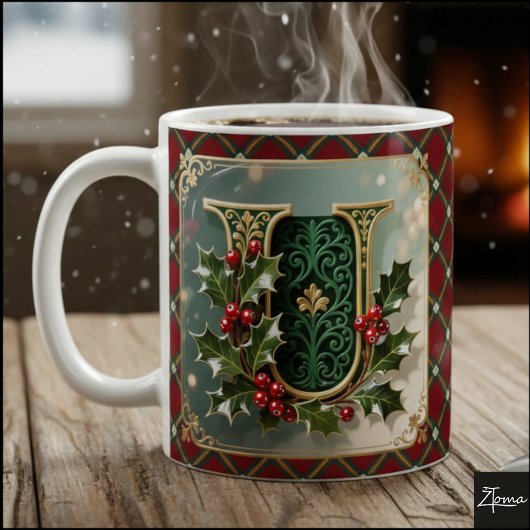 Elegant Gold Holly Christmas Initial Letter U Koffiemok