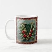 Elegant Gold Holly Christmas Initial Letter V Koffiemok (Links)