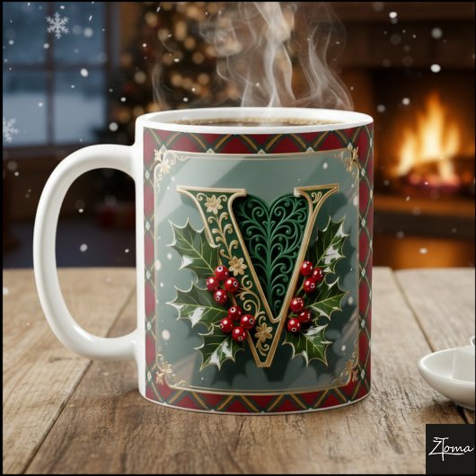 Elegant Gold Holly Christmas Initial Letter V Koffiemok