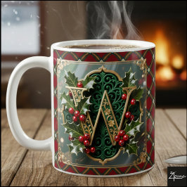 Elegant Gold Holly Christmas Initial Letter W Koffiemok