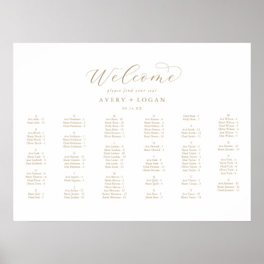 Elegant Gold Horizontale Alfabetische Zitplaatsen Poster (Voorkant)
