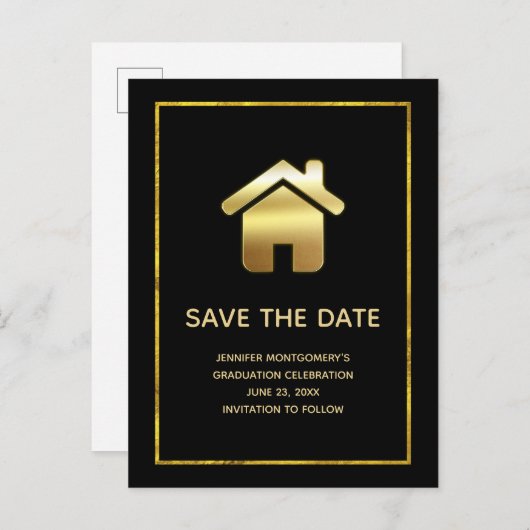 Elegant Gold House Icon Real Estate Save the Date Uitnodiging Briefkaart (Voorkant / Achterkant)