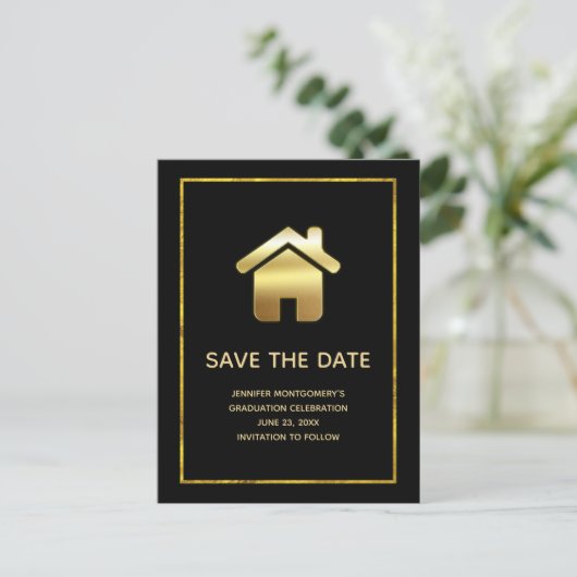Elegant Gold House Icon Real Estate Save the Date Uitnodiging Briefkaart (Staand voorkant)