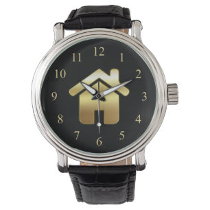 Elegant Gold House Symbol Real Estate Design Horloge
