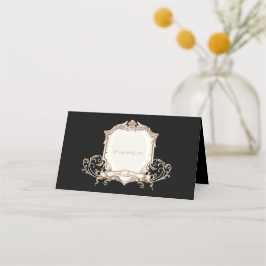 Elegant Gold in Black Swirls Shield Wedding Plaatskaartje (Voorkant)
