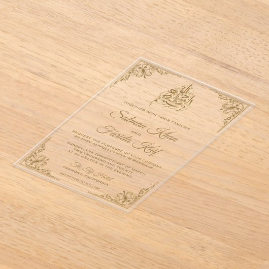 Elegant Gold Islamic Muslim Wedding Acryl Uitnodigingen (Laagn)
