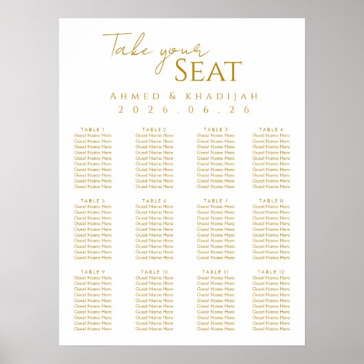 Elegant Gold Islamic Wedding Seating Chart Poster (Voorkant)