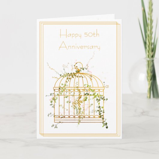Elegant Gold Ivy and Bird Cage 50th Jubileum Kaart (Voorkant)