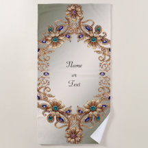 Elegant Gold Jewel Flowers Beach Towel