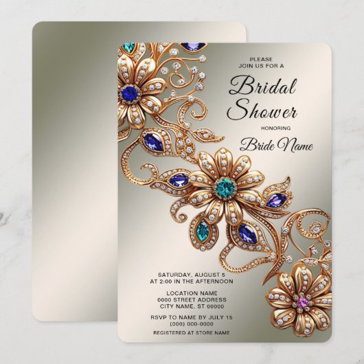 Elegant Gold Jewel Flowers Bridal Shower Kaart (Voorkant / Achterkant)