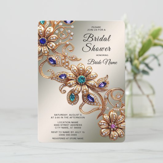 Elegant Gold Jewel Flowers Bridal Shower Kaart (Staand voorkant)