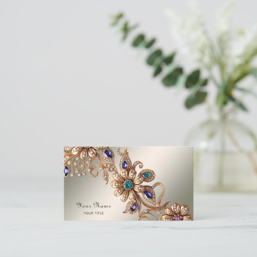 Elegant Gold Jewel Flowers Business Card Visitekaartje (Staand voorkant)