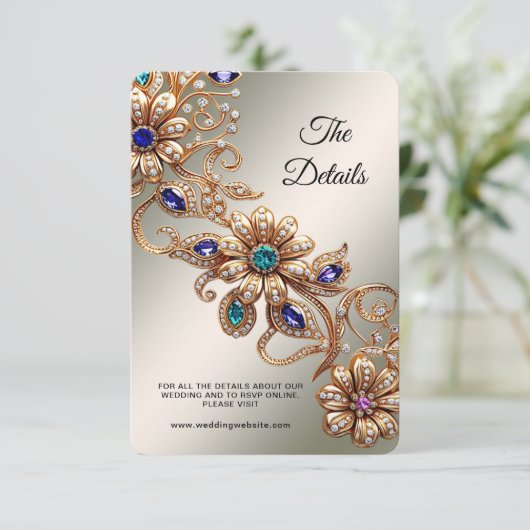 Elegant Gold Jewel Flowers Detail Enclosure Card Informatiekaartje (Staand voorkant)
