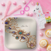 Elegant Gold Jewel Flowers Paper Plate Papieren Bordje (Feest)