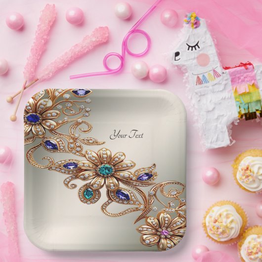 Elegant Gold Jewel Flowers Paper Plate Papieren Bordje (Feest)