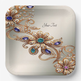 Elegant Gold Jewel Flowers Paper Plate Papieren Bordje