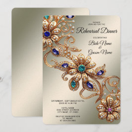 Elegant Gold Jewel Flowers Rehearsal Dinner Kaart