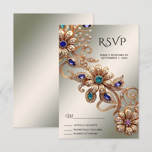 Elegant Gold Jewel Flowers RSVP Card (Voorkant / Achterkant)