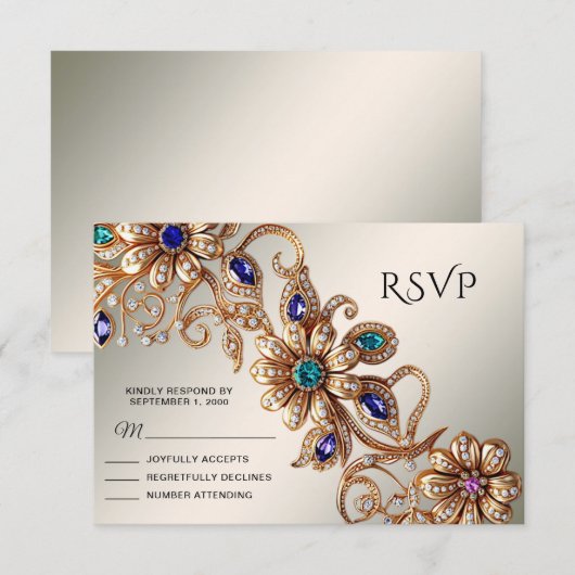 Elegant Gold Jewel Flowers RSVP Card (Voorkant / Achterkant)