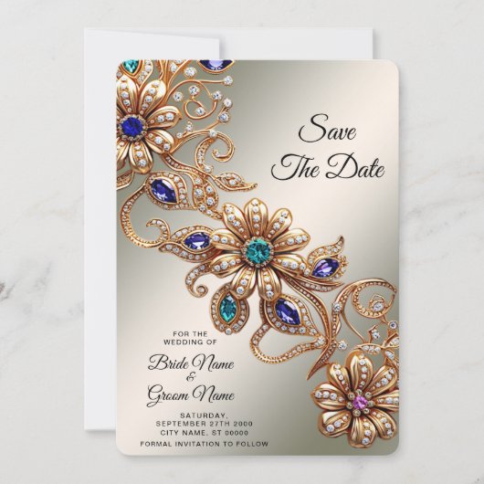 Elegant Gold Jewel Flowers Save The Date (Voorkant)