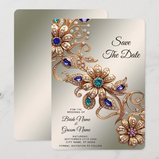 Elegant Gold Jewel Flowers Save The Date (Voorkant / Achterkant)