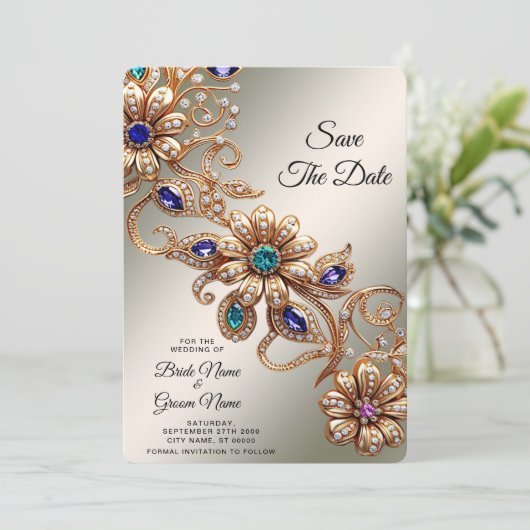 Elegant Gold Jewel Flowers Save The Date (Staand voorkant)