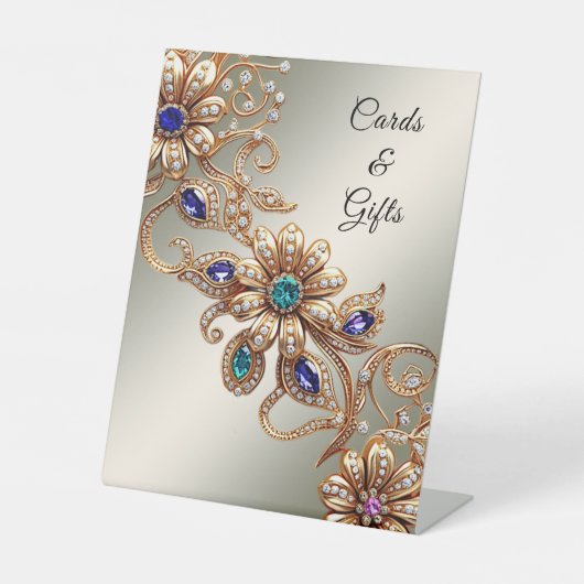 Elegant Gold Jewel Flowers Tabletop Signs Reclamebord Met Voetstuk (Voorkant)