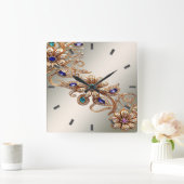 Elegant Gold Jewel Flowers Wall Clock Vierkante Klok (Huis)