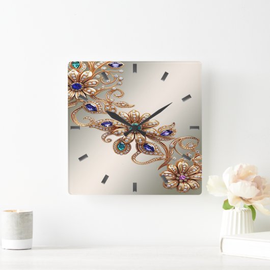 Elegant Gold Jewel Flowers Wall Clock Vierkante Klok (Huis)