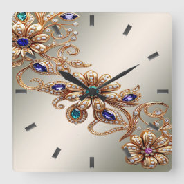 Elegant Gold Jewel Flowers Wall Clock Vierkante Klok