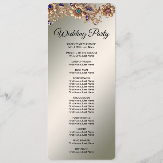 Elegant Gold Jewel Flowers Wedding Program Programmakaart (Achterkant)
