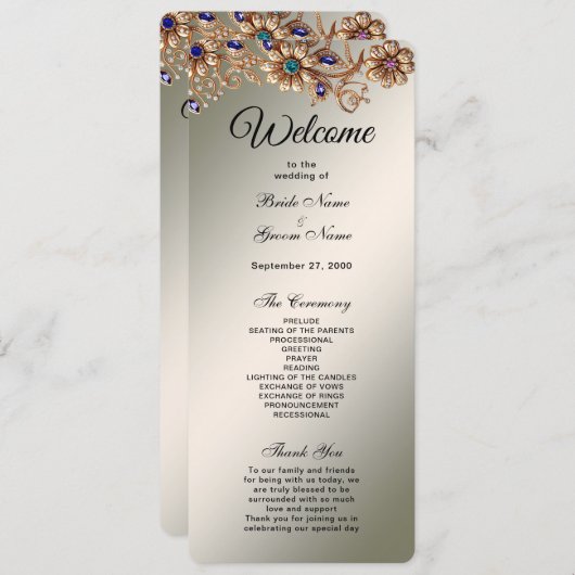 Elegant Gold Jewel Flowers Wedding Program Programmakaart (Voorkant / Achterkant)