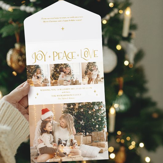 Elegant Gold Joy Peace Love Script 3-Photo All In One Uitnodiging