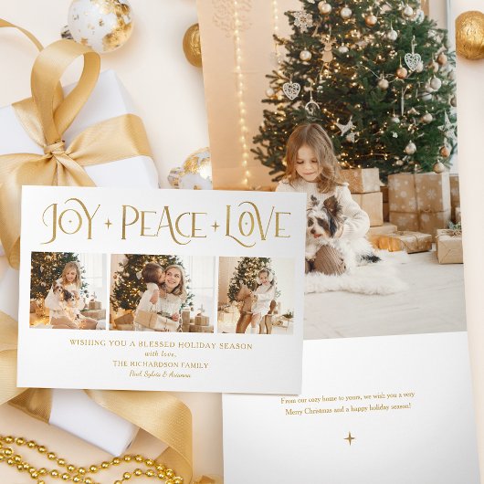 Elegant Gold Joy Peace Love Script 3-Photo Drieluik Wenskaart