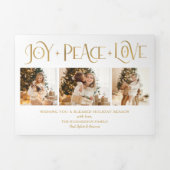 Elegant Gold Joy Peace Love Script 3-Photo Drieluik Wenskaart (Cover)