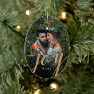 Elegant Gold Joy-script Foto met Kerstmis Keramisch Ornament