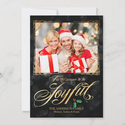 Elegant Gold Joyful Black Bokeh Foto met Kerstmis Feestdagenkaart (Voorkant)
