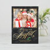 Elegant Gold Joyful Black Bokeh Foto met Kerstmis Feestdagenkaart (Staand voorkant)