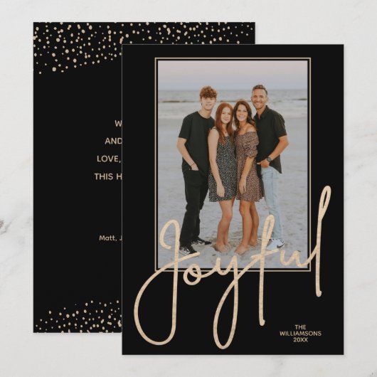 Elegant Gold JOYFUL Script Black Photo Christmas Feestdagenkaart (Voorkant / Achterkant)