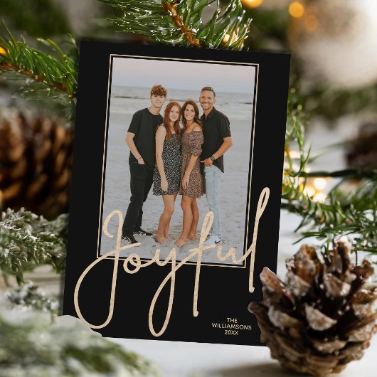 Elegant Gold JOYFUL Script Black Photo Christmas Feestdagenkaart