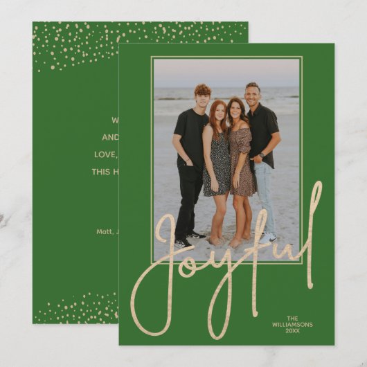 Elegant Gold JOYFUL Script Green Photo Christmas Feestdagenkaart (Voorkant / Achterkant)