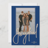 Elegant Gold JOYFUL Script on Blue Photo Christmas Feestdagenkaart (Voorkant)