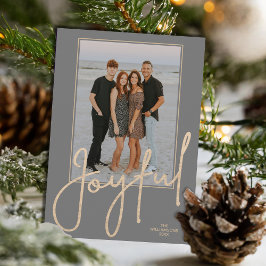 Elegant Gold JOYFUL Script on Grey Photo Christmas Feestdagenkaart