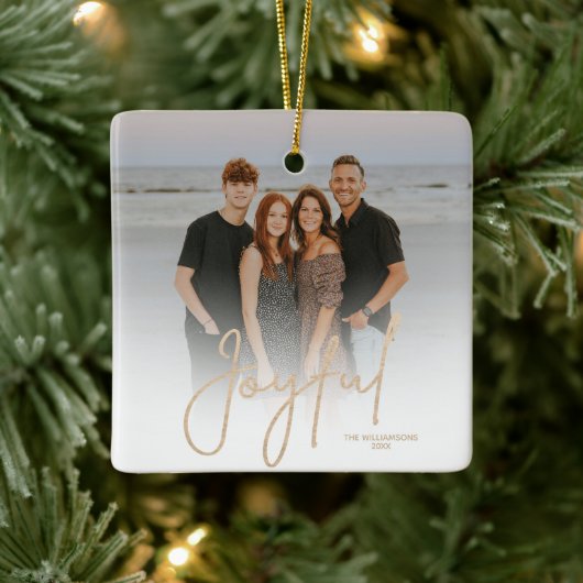 Elegant Gold JOYFUL Script Photo Christmas Keramisch Ornament (Boom)